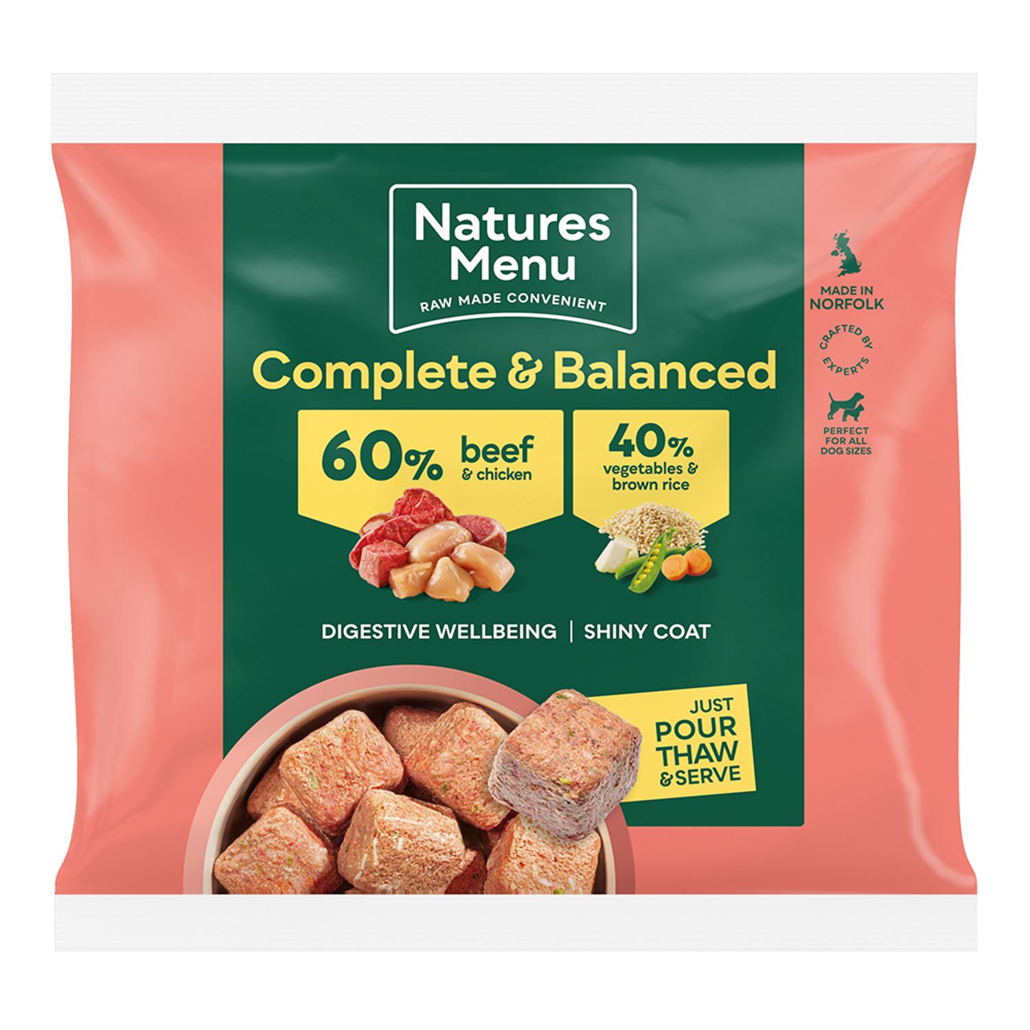 Natures Menu Frozen Dog Adult Complete and Balance 60-40 Beef Chicken With Vegetables and Brown Rice 1kg