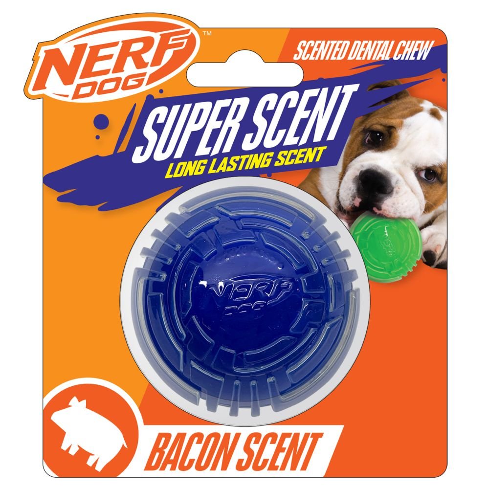 Nerf Dog TPR/PP Scented Bacon Super Scent Ball Solid Core 2.5in Clear/Blue 1x2