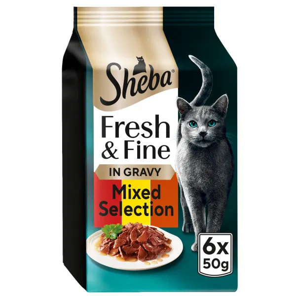 Sheba Fresh & Fine Cat Pouches with Beef & Chicken & Lamb in Gravy 8x6x50g
