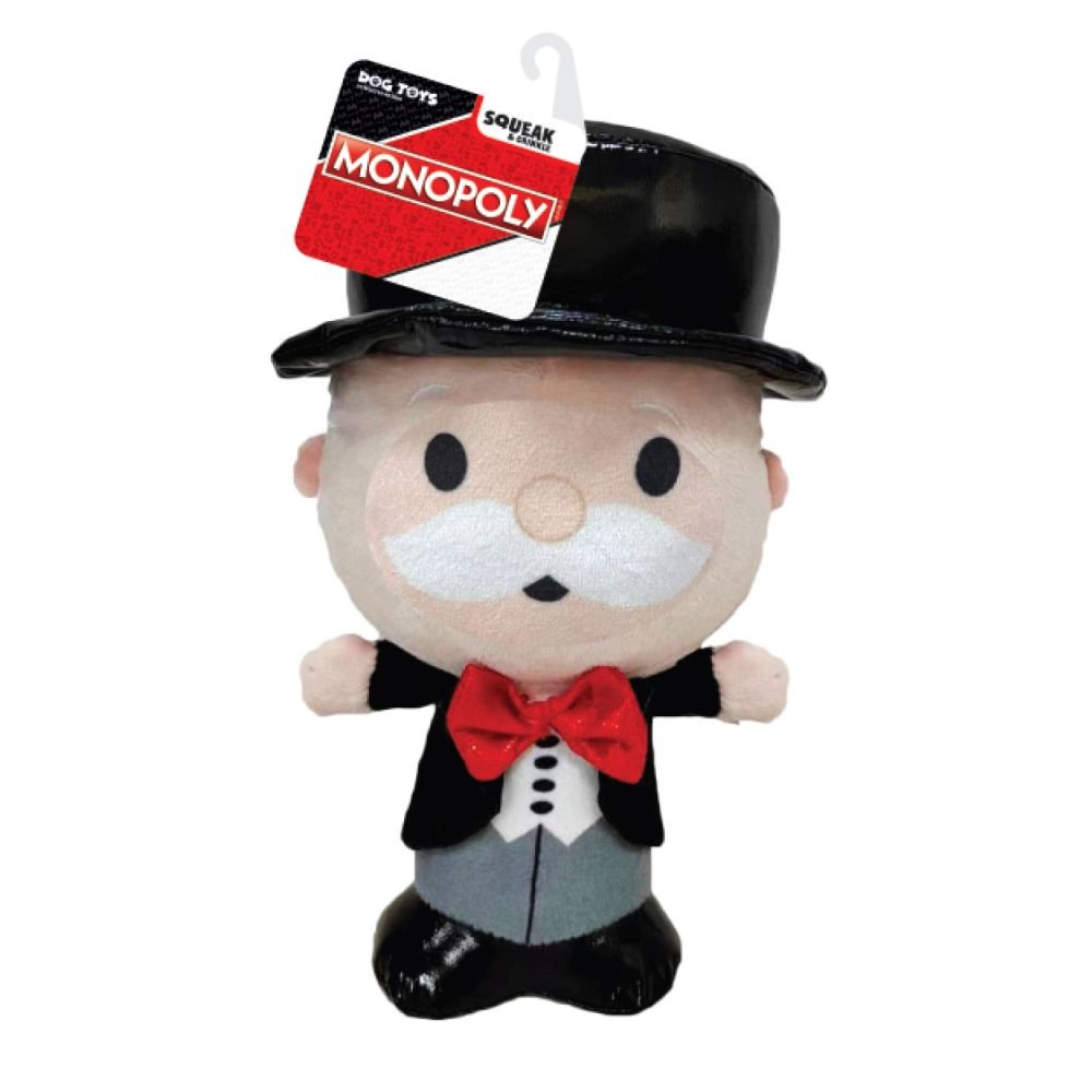 Hasbro Dog Toys Monopoly Mr. Money Bags Squeak and Crinkle Plush 7in Tan/Black 1x2