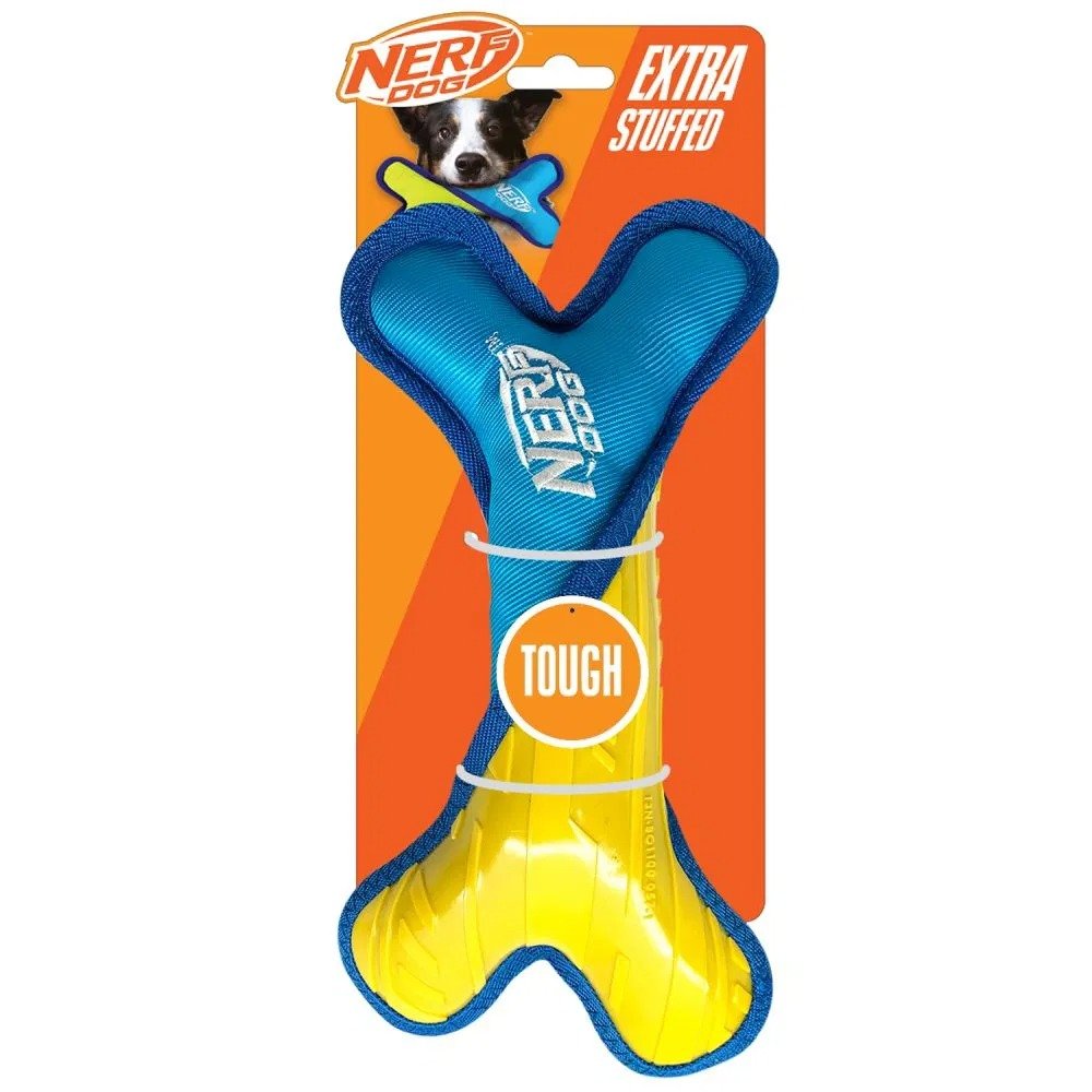 Nerf Dog Tuff TPR - Nylon Plush Bone Poly Filled 11in Light Blue/Yellow 1x2